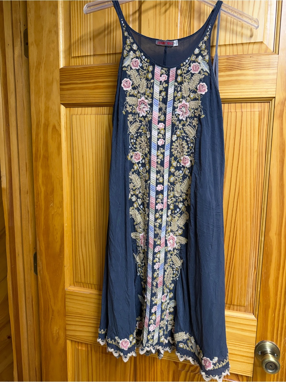 Johnny Was Navy Embroidered Floral Midi Dress with Pink and Gold Accents